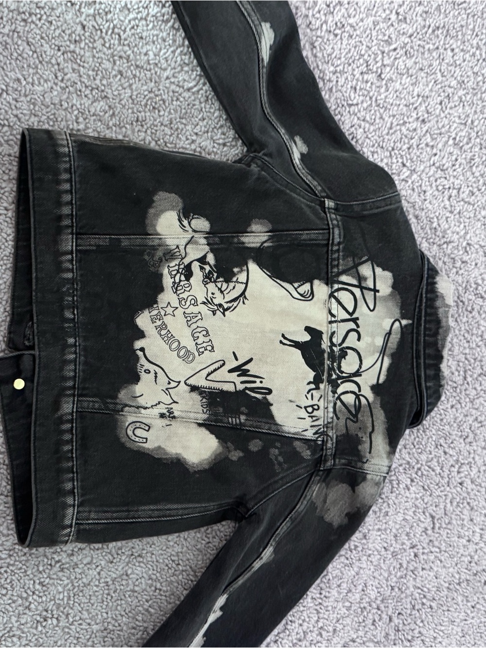 Versace Black Denim Jacket with Cream Bleach Graphic